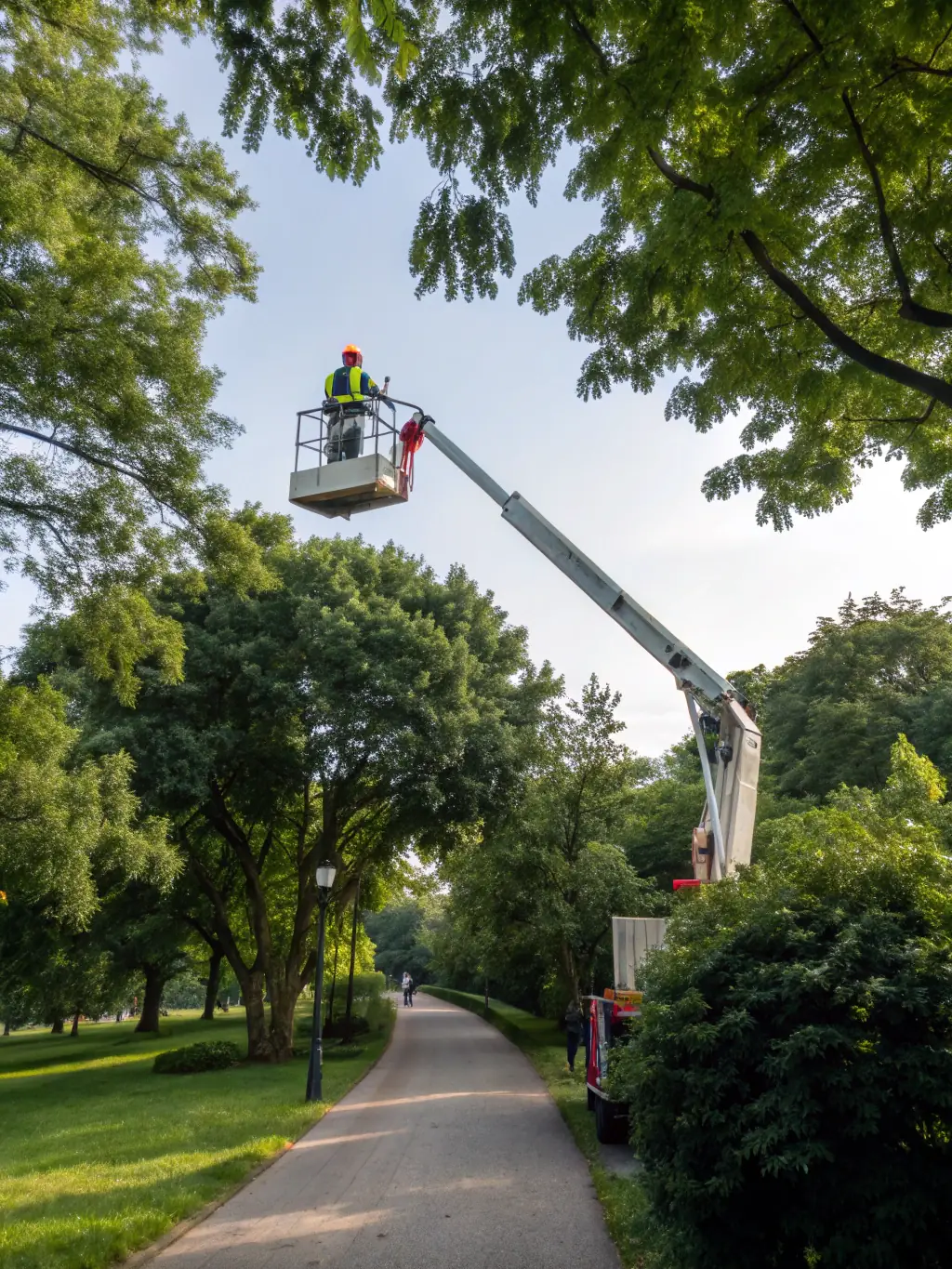 A high-quality photo depicting selective tree removal on a residential property, showcasing precision and care in preserving desirable trees while clearing underbrush.