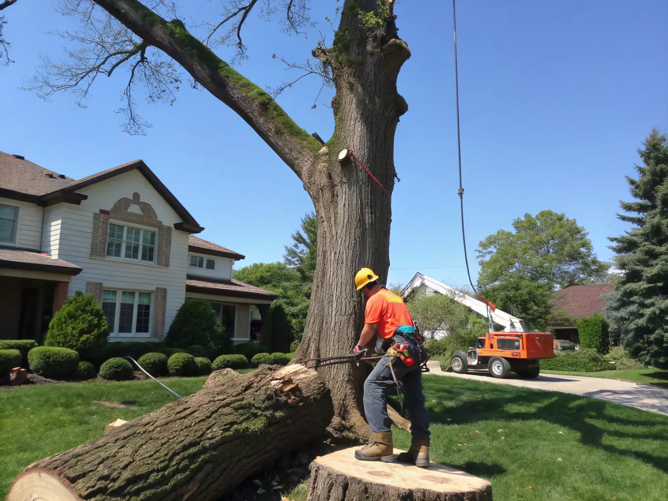 An image of a J.T.E. & Company worker using specialized climbing gear to ascend a tall tree, highlighting their expertise in climbing and hazardous tree removal.