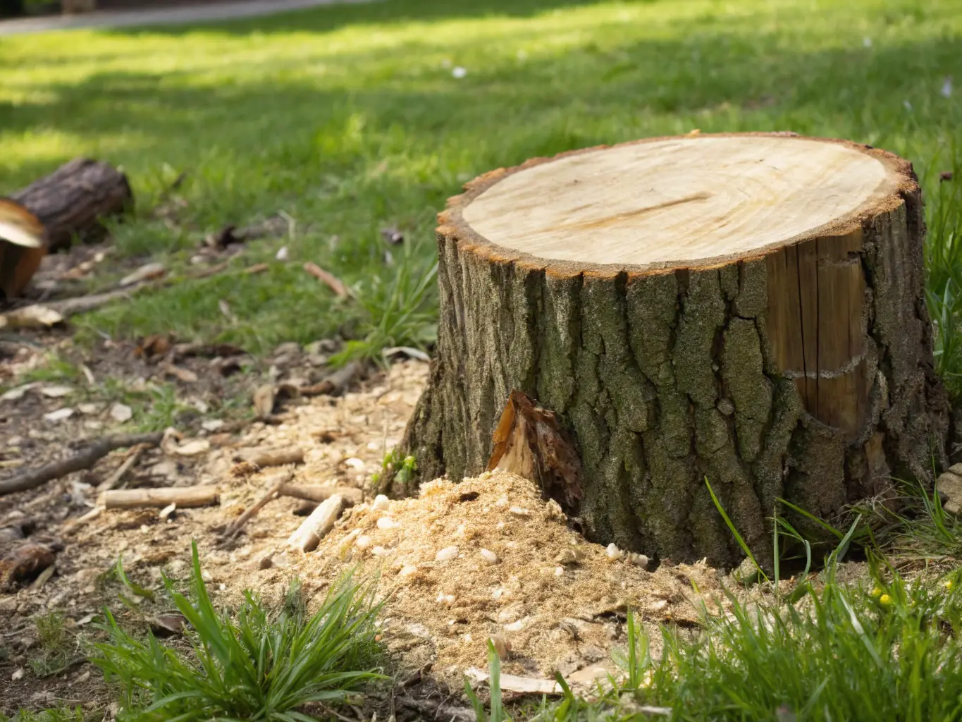 A wide, low-angle shot of a freshly ground stump area in a residential yard. The surrounding grass is green and healthy, and there are no visible wood chips or debris. The image conveys a sense of cleanliness and safety.