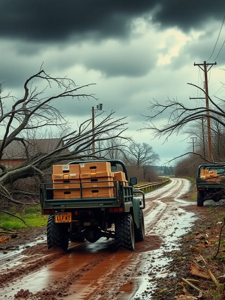 A tree has fallen onto a car during a storm, causing significant damage to the vehicle. The scene should depict the aftermath of the incident, emphasizing the need for professional tree removal and cleanup.