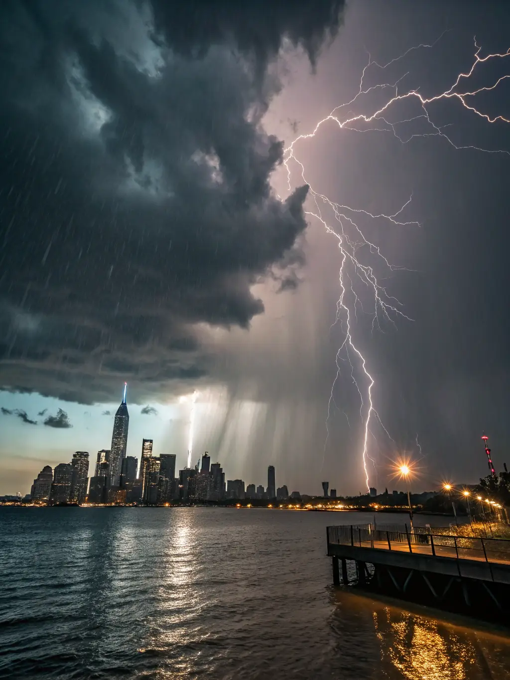 An image of a severe thunderstorm with strong winds and heavy rain, illustrating the type of weather conditions that can lead to tree emergencies. The image should convey a sense of urgency and potential danger.