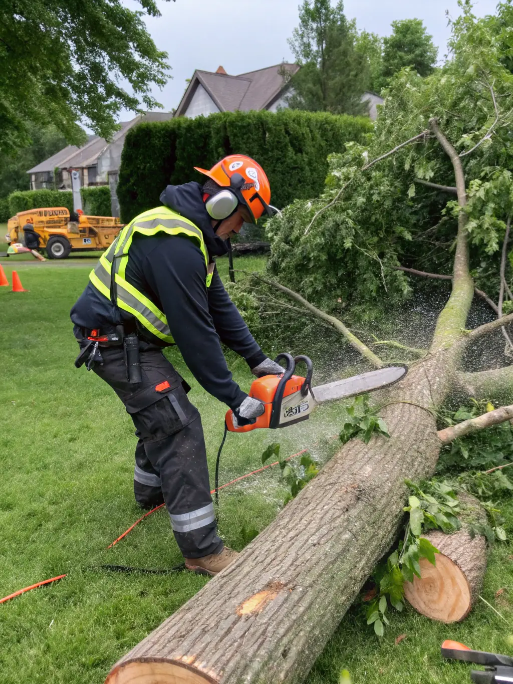 A tree has fallen and is entangled in power lines, creating a hazardous situation that requires immediate attention from trained professionals.