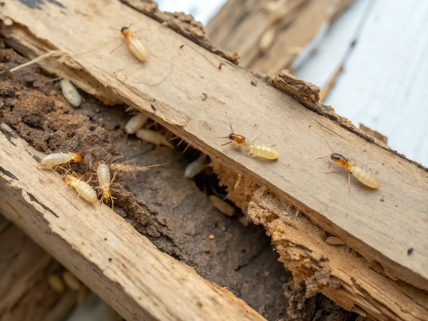 A close-up shot of a stump infested with insects, highlighting the damage they can cause to the surrounding landscape. The image is slightly unsettling to emphasize the importance of stump removal.