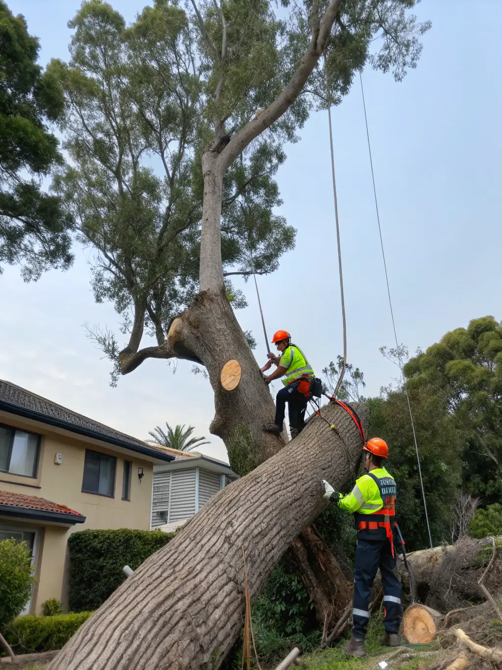 A photo of a J.T.E & Company crew responding to a tree emergency in a residential area after a storm. The image should show the team working efficiently and safely to remove a fallen tree.