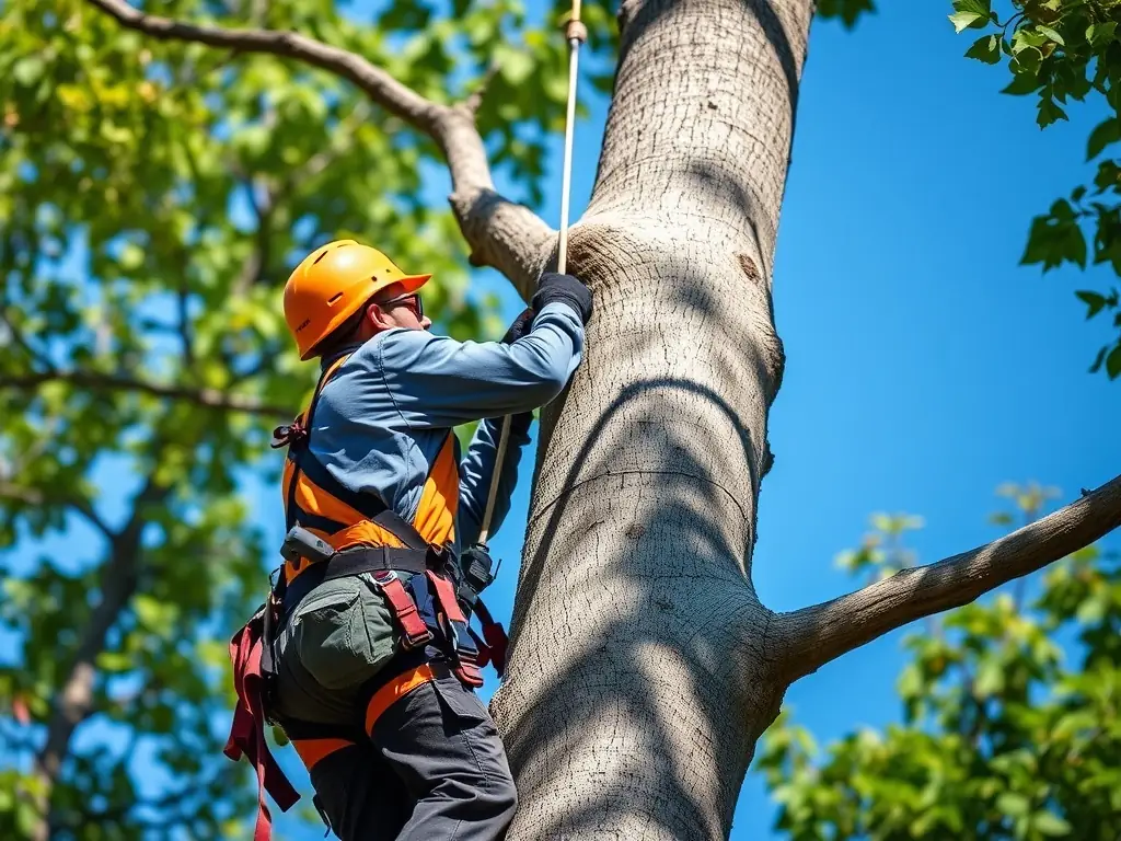 A photograph showcasing a J.T.E. & Company team utilizing a bucket truck to access and prune high tree branches, demonstrating their ability to handle elevated work safely.