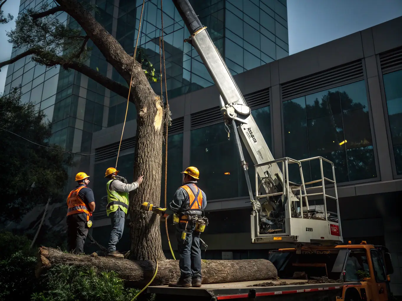 A high-resolution image depicting a J.T.E. & Company crew using a crane to carefully remove a large tree branch from near a house during a storm, showcasing precision and safety.
