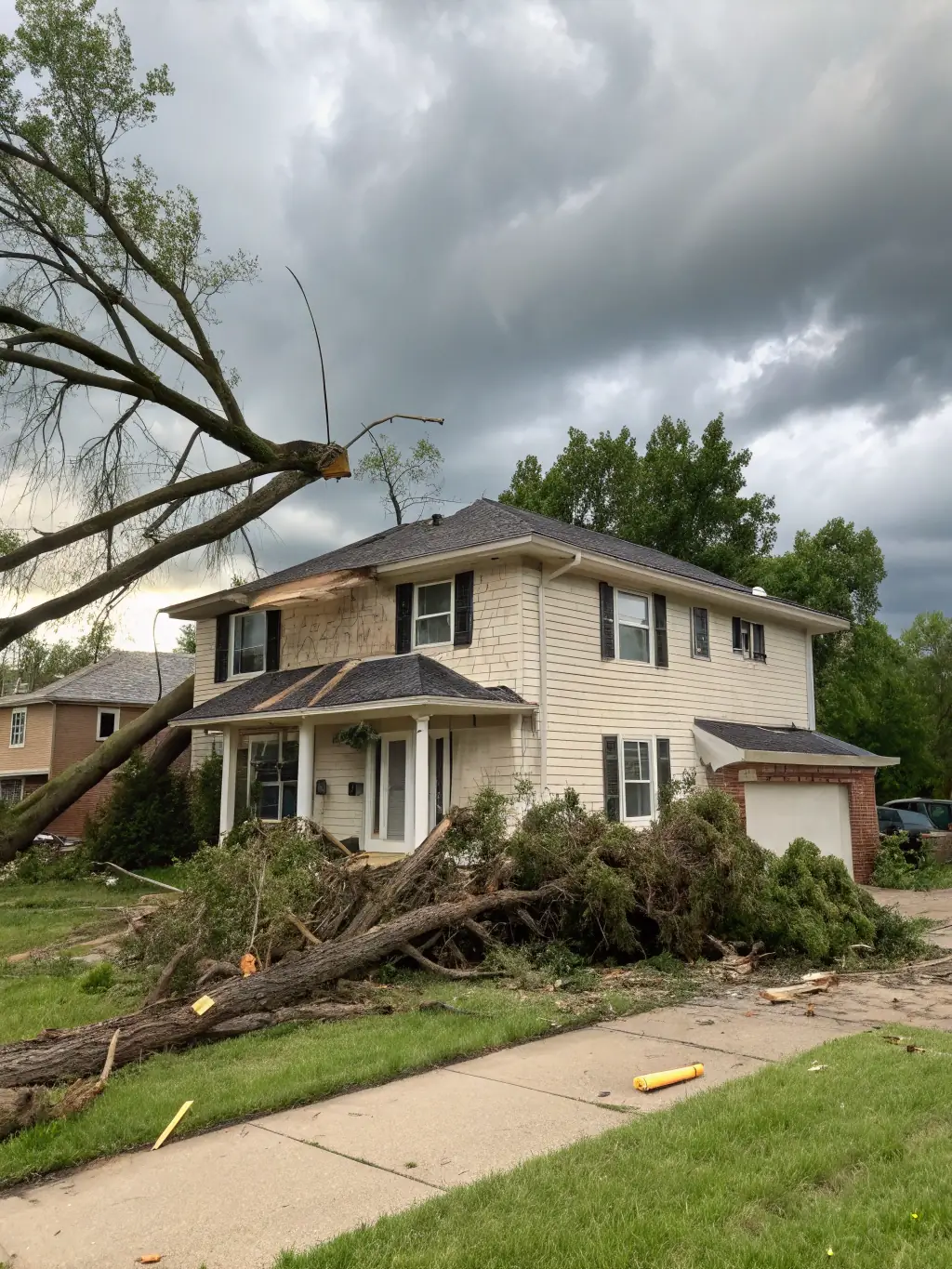 A massive tree branch has snapped off and is precariously hanging over a house, posing an immediate threat to the structure and the safety of the occupants.