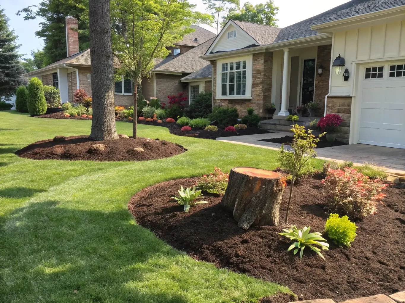 An aerial view of a beautifully landscaped yard with no visible stumps. The image showcases the aesthetic improvement that stump grinding can bring to a property.