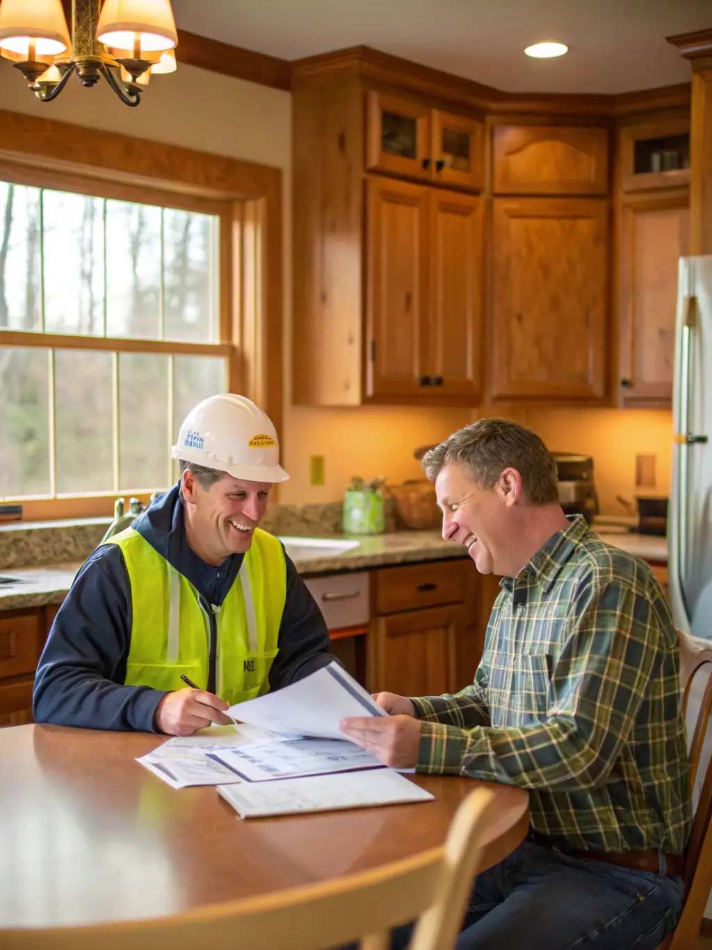 A photo of a J.T.E. & Company representative assisting a homeowner with filing an insurance claim after storm damage. The representative is reviewing documents with the homeowner in a friendly and supportive manner.