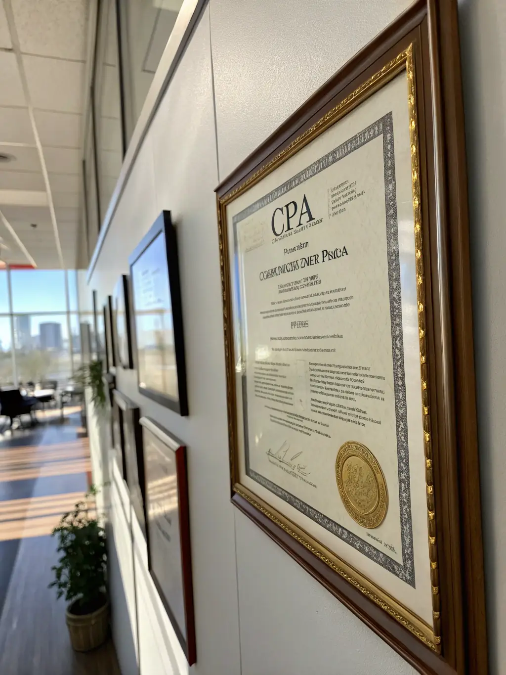 A close-up shot of J.T.E. & Company's insurance certificates and licenses displayed prominently in their office. The certificates are clearly visible and demonstrate the company's compliance with industry regulations.