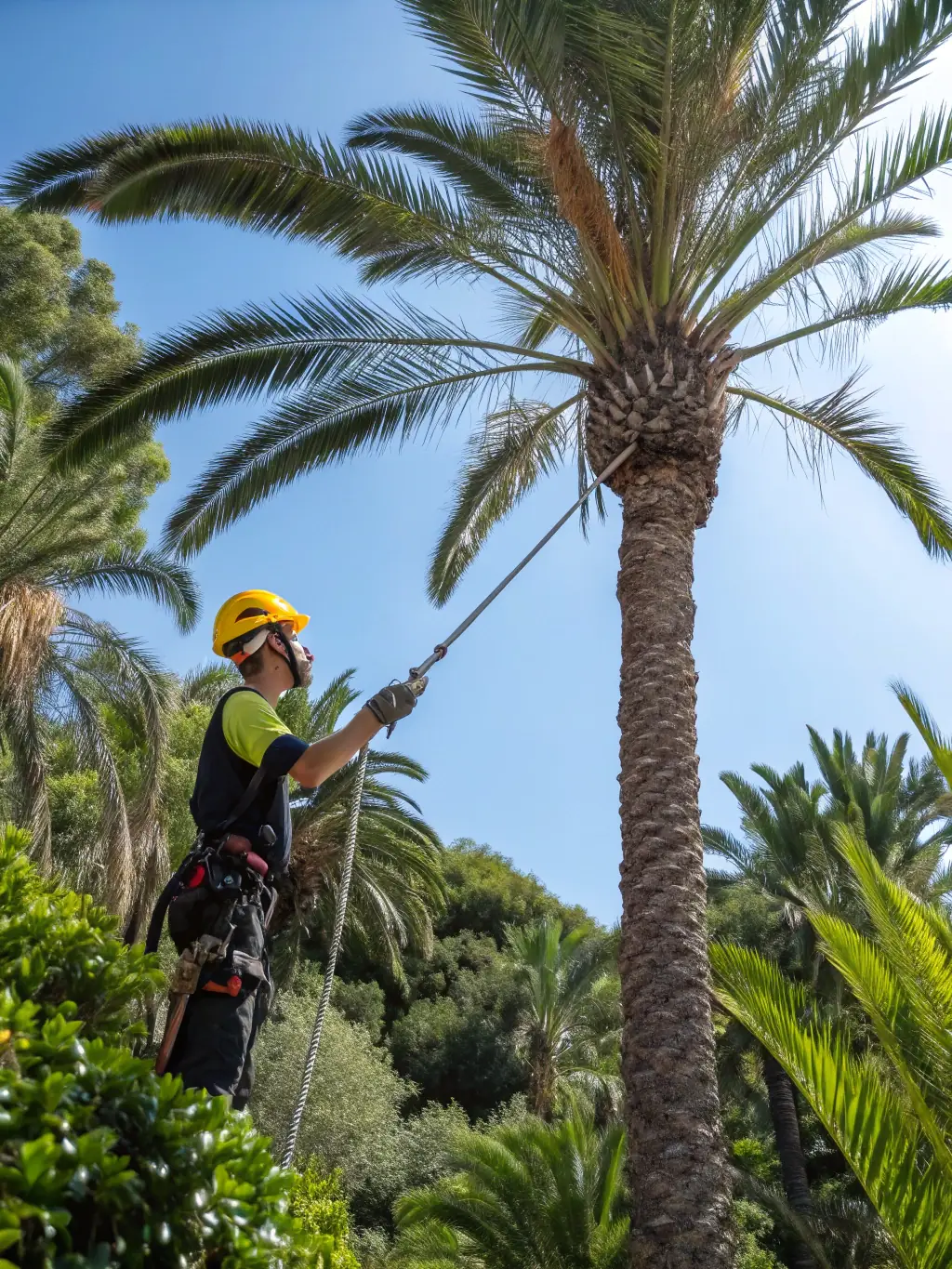 A high-angle shot of a J.T.E. & Company tree removal crew member wearing full safety gear, including a hard hat, safety glasses, and harness, carefully lowering a large tree branch with ropes and pulleys. The focus is on the precision and safety of the operation.