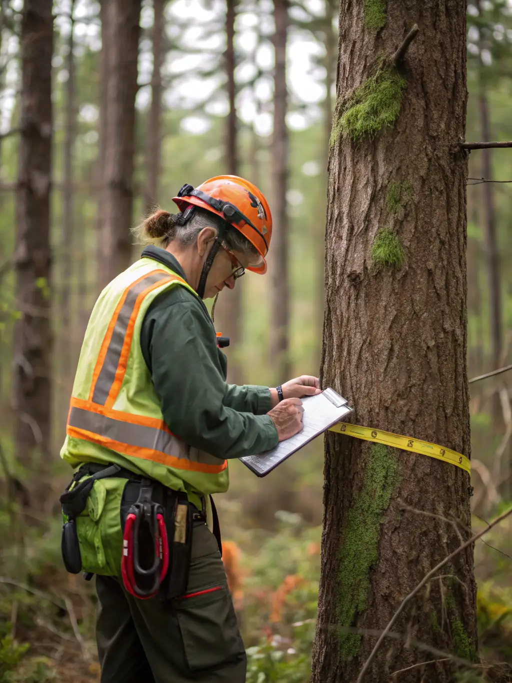 An image of a J.T.E. & Company team member inspecting tree branches for hazards, using professional equipment such as binoculars and a measuring tool. The background shows a well-maintained property with healthy trees.