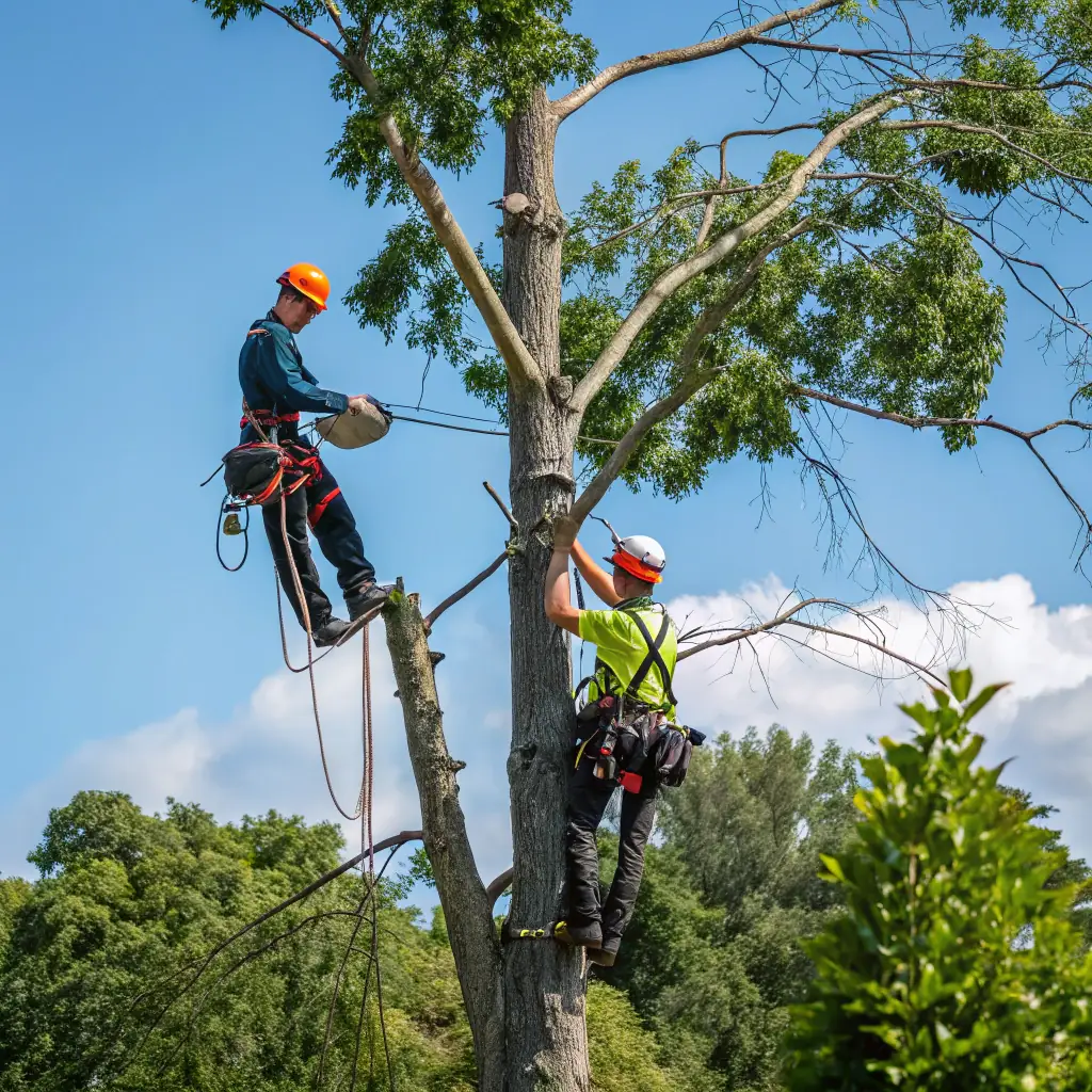 Tree removal professionals using advanced climbing techniques to safely remove hazardous branches, ensuring safety and minimal disruption in a residential area.